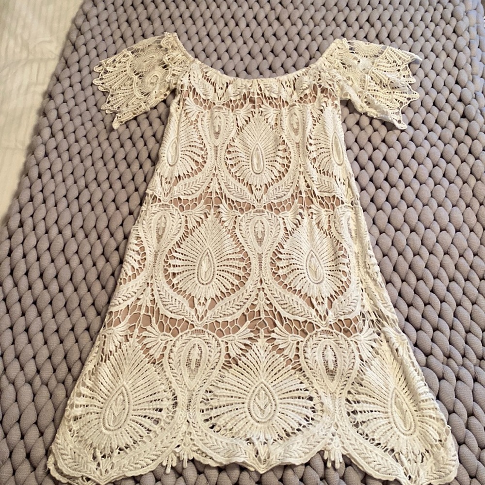 Free People, off the shoulder lace mini dress